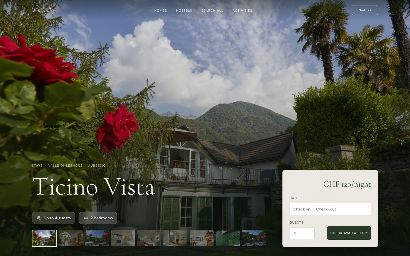 Wild Valley desktop property page with booking engine