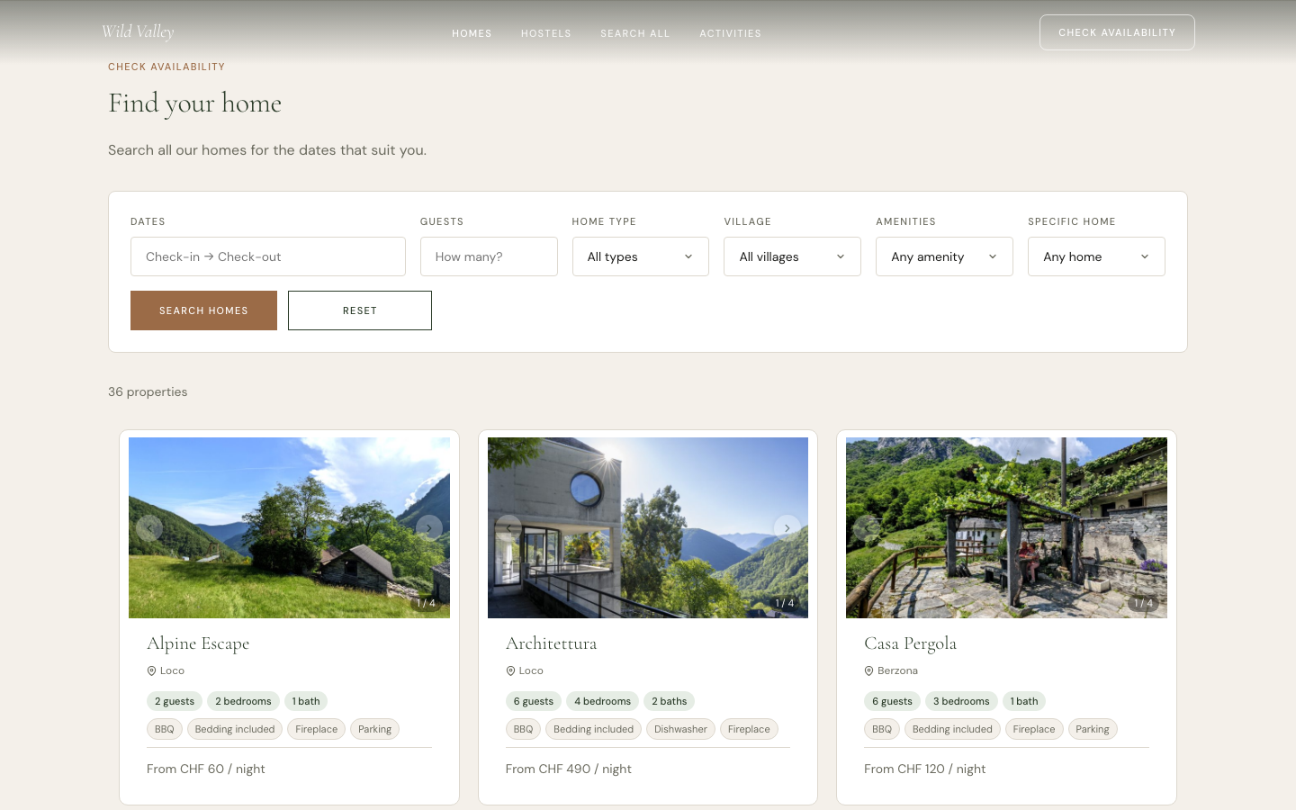 Wild Valley desktop homes search result grid