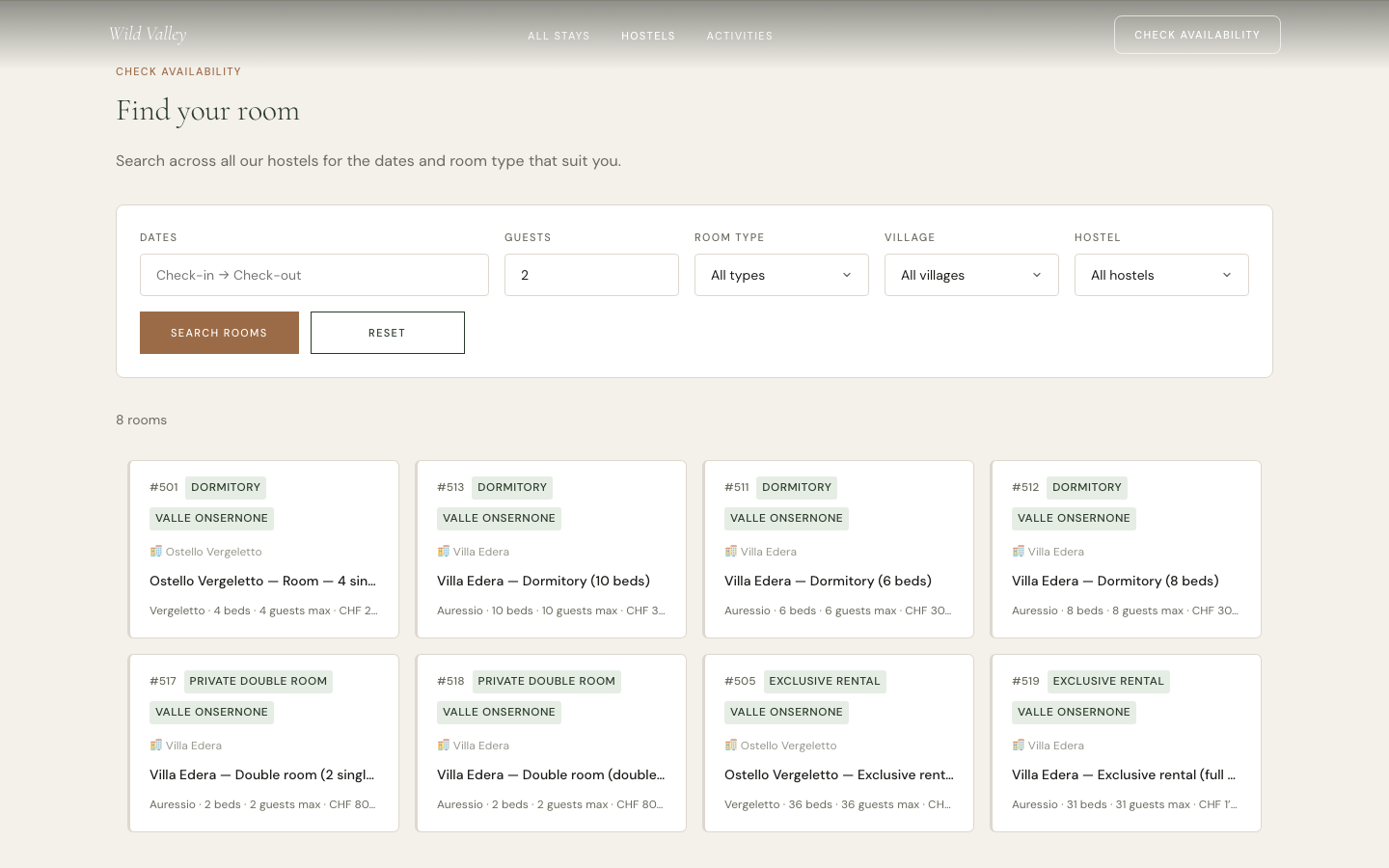 Wild Valley desktop hostel room inventory search results