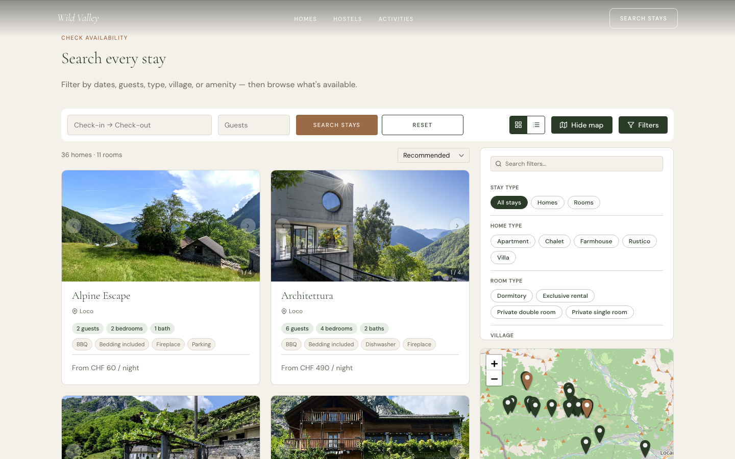 Wild Valley desktop search results with map and filters