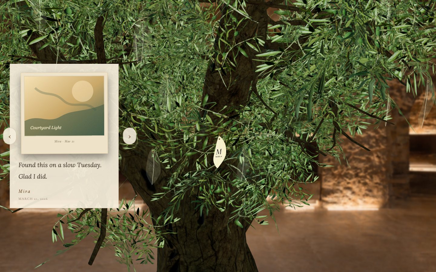 A visitor message card opened from a leaf on the olive tree