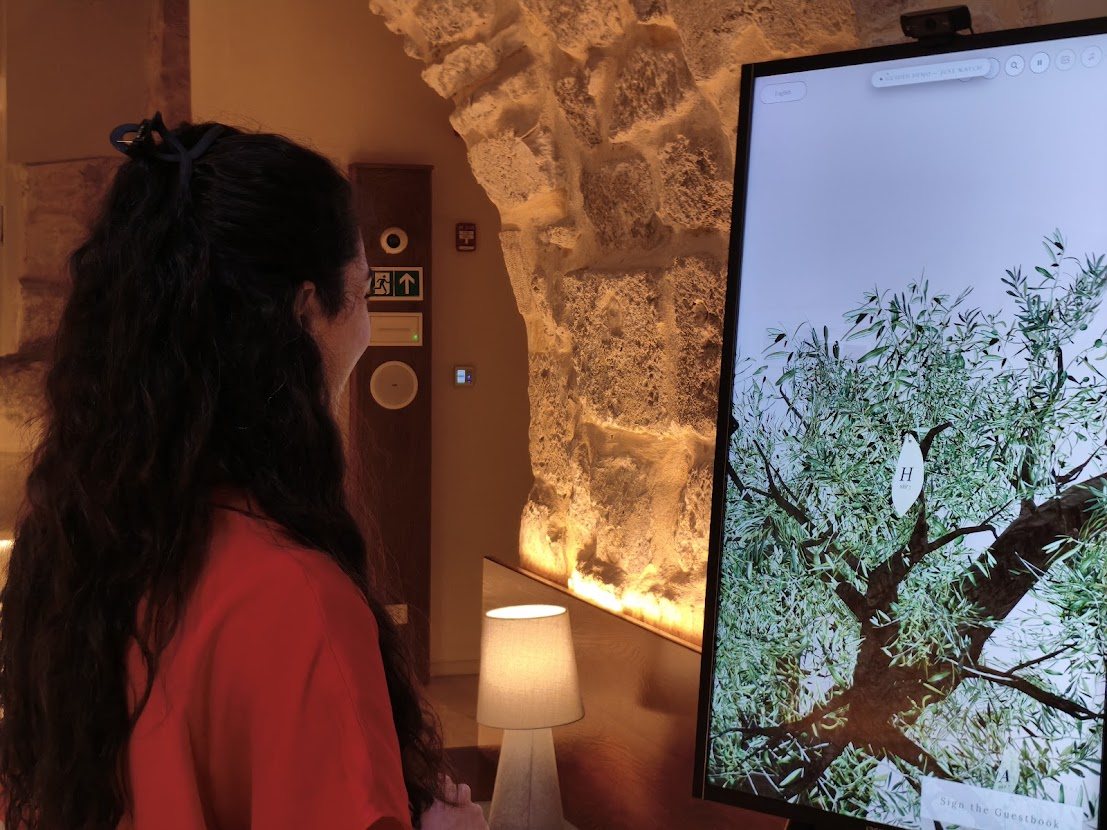 A visitor exploring the 3D olive tree on the Guestbook touchscreen at Dar Al Consul
