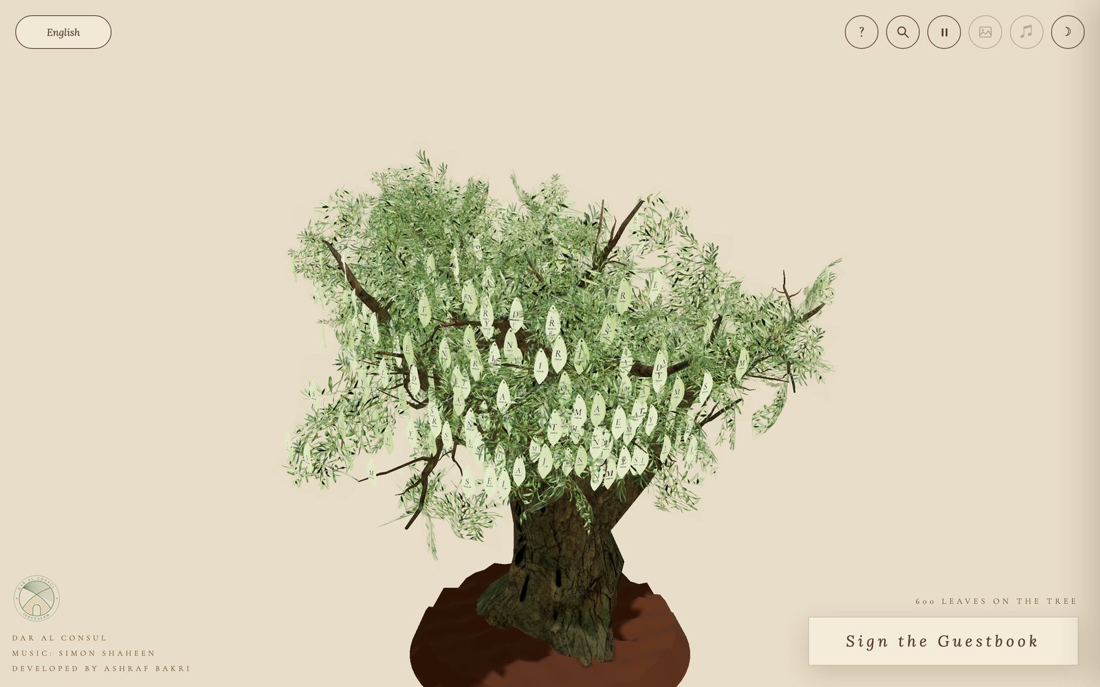 The Guestbook web app showing the 3D olive tree hung with visitor leaves