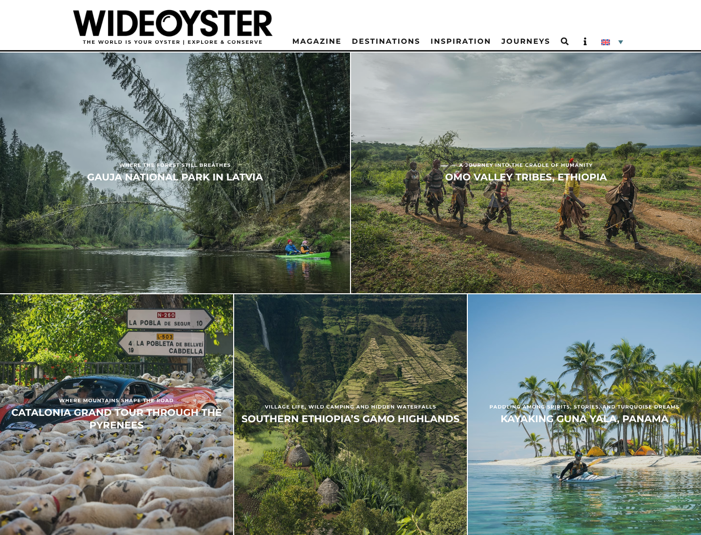 WideOyster Magazine homepage with rich travel-story grid